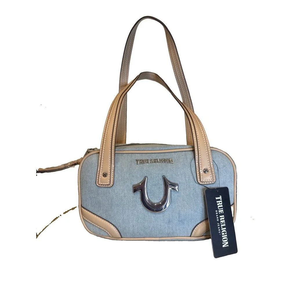 NWT True Religion Denim Shoulder Bag Y2K Bowling Bag Horseshoe Logo Light Wash